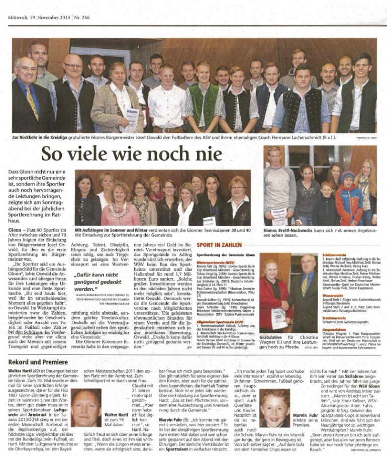 Sportlerehrung Gemeinde Glonn, November 2014